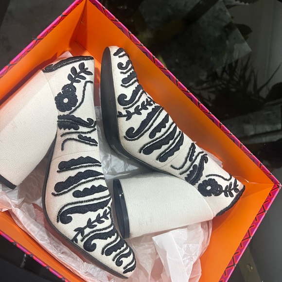 Tory Burch Shoes - Tory Burch Black and White Embroidered Heeled Boots